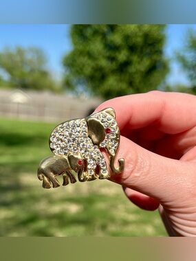 MCM Elephant Family Golden Crystal Embellished Brooch EUC